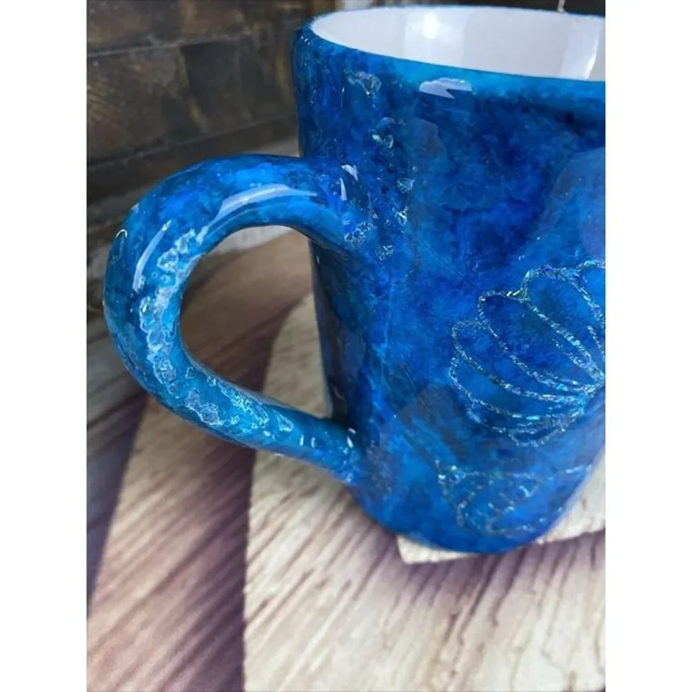 Sea Life Glitter & Alcohol Ink Coffee Mug Handmade Blue Green & Epoxy Resin